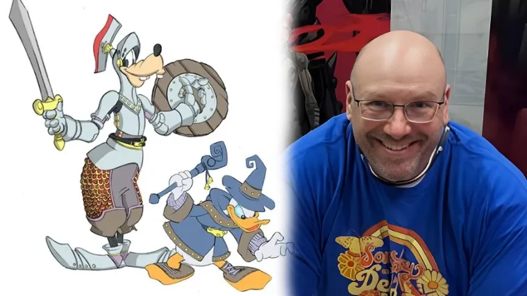 Ken Christiansen's original pitch art — Goofy as a knight in plate armour with sword and shield and Donald as a mage in blue robes with staff