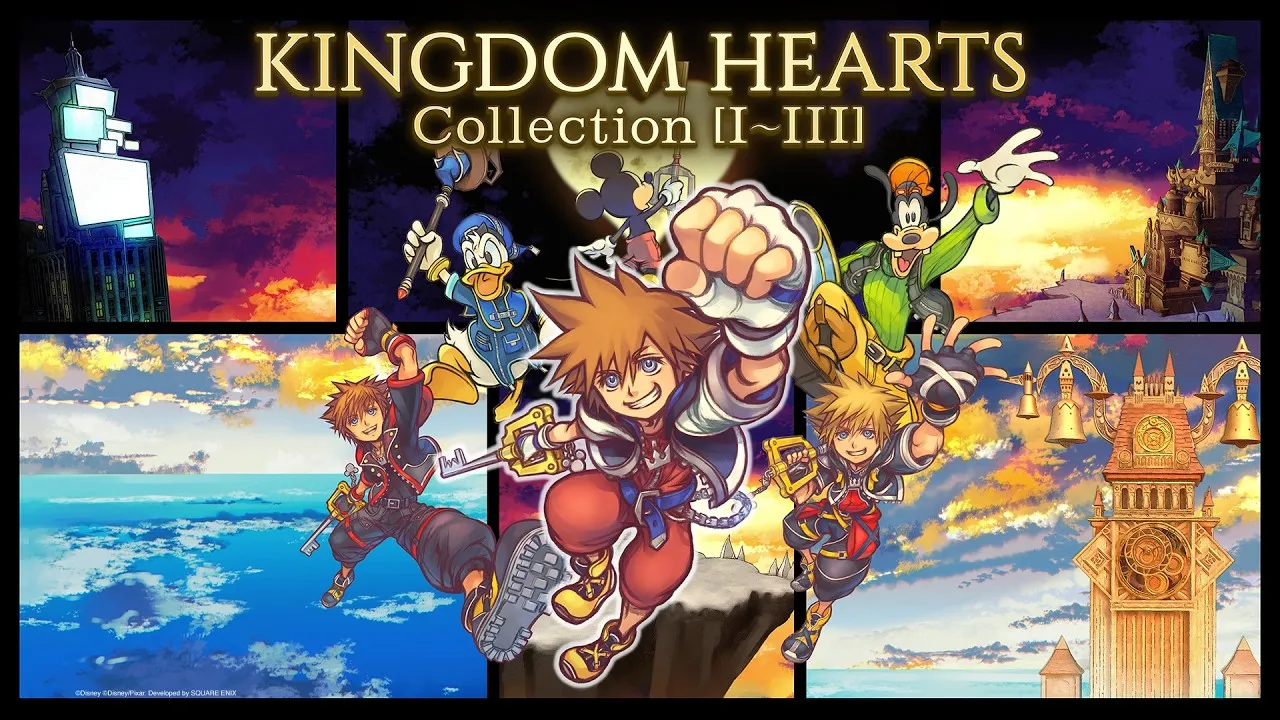 Official key art for Kingdom Hearts Collection [I~III]: Sora leaping between panels of game worlds alongside Donald, Goofy, King Mickey and Roxas