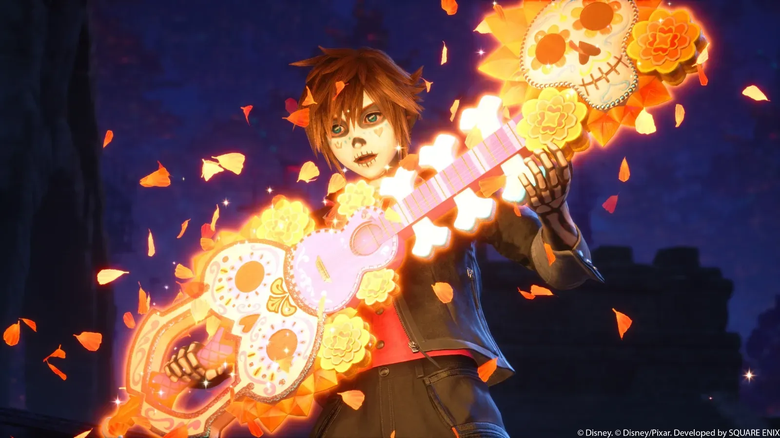 Sora in Dia de los Muertos face paint wielding a sugar-skull guitar keyblade in the Coco world