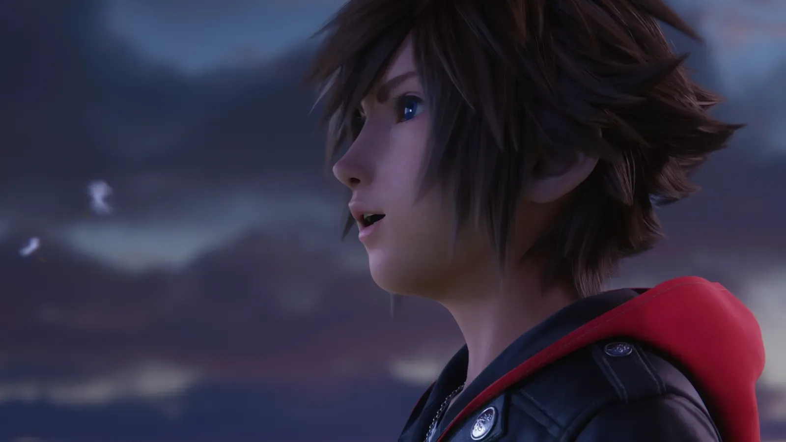 Sora in profile against the dusk sky of Quadratum in Kingdom Hearts IV