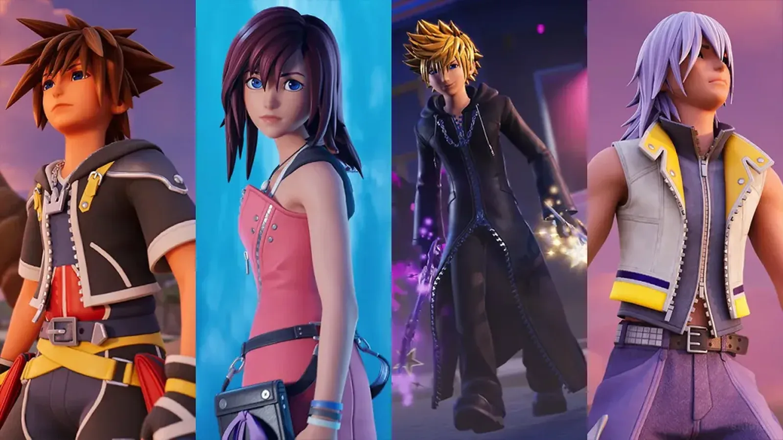 All four Fortnite Kingdom Hearts outfits side by side: Sora, Kairi, Roxas and Riku
