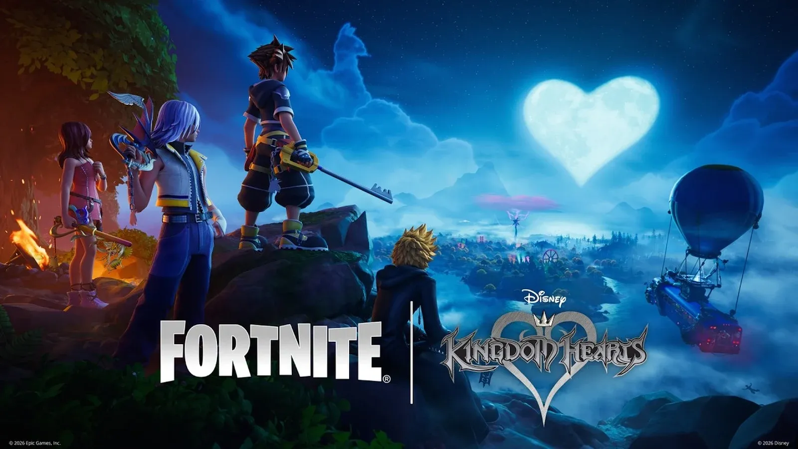 Sora, Riku, Kairi and Roxas in Kingdom Hearts II outfits (second and third installments per Siliconera) in the Fortnite trailer with the heart-shaped moon overhead