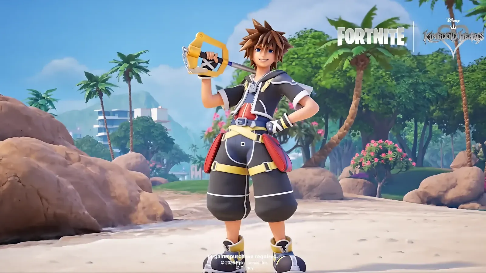 Sora in Fortnite on a Destiny Islands style beach holding the Kingdom Key with Loot Llama charm