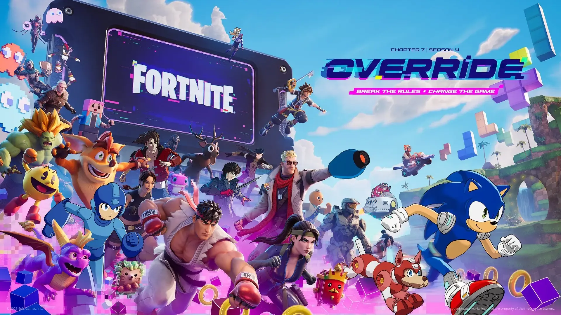 Official Fortnite Chapter 7 Season 4 Override key art with Sora above the Fortnite logo