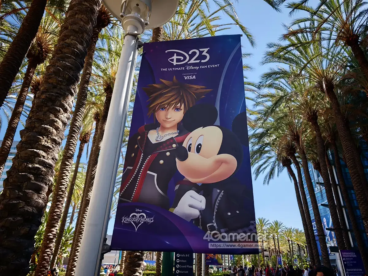 D23 banner showing Sora and Mickey hanging over the Anaheim Convention Center