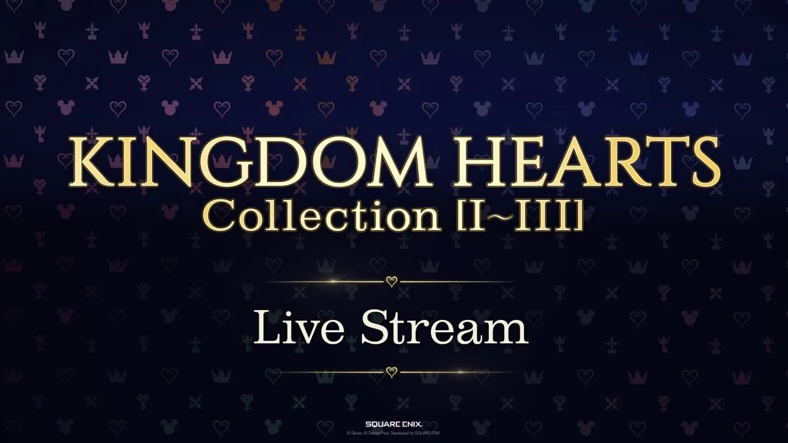 Official Square Enix livestream cover with gold Kingdom Hearts Collection Live Stream title text on a dark icon-patterned background