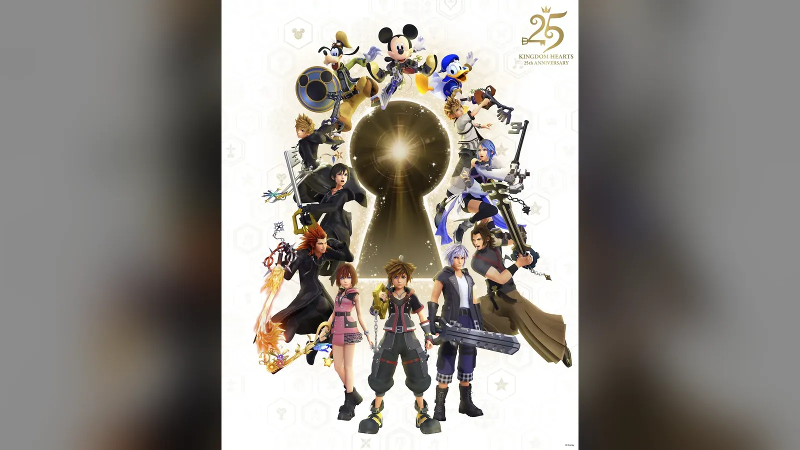 KINGDOM HEARTS 25th Anniversary Exhibition key visual, full poster centered with Sora, Kairi and Riku before a glowing Keyhole and Mickey, Donald and Goofy above, over a blurred fill