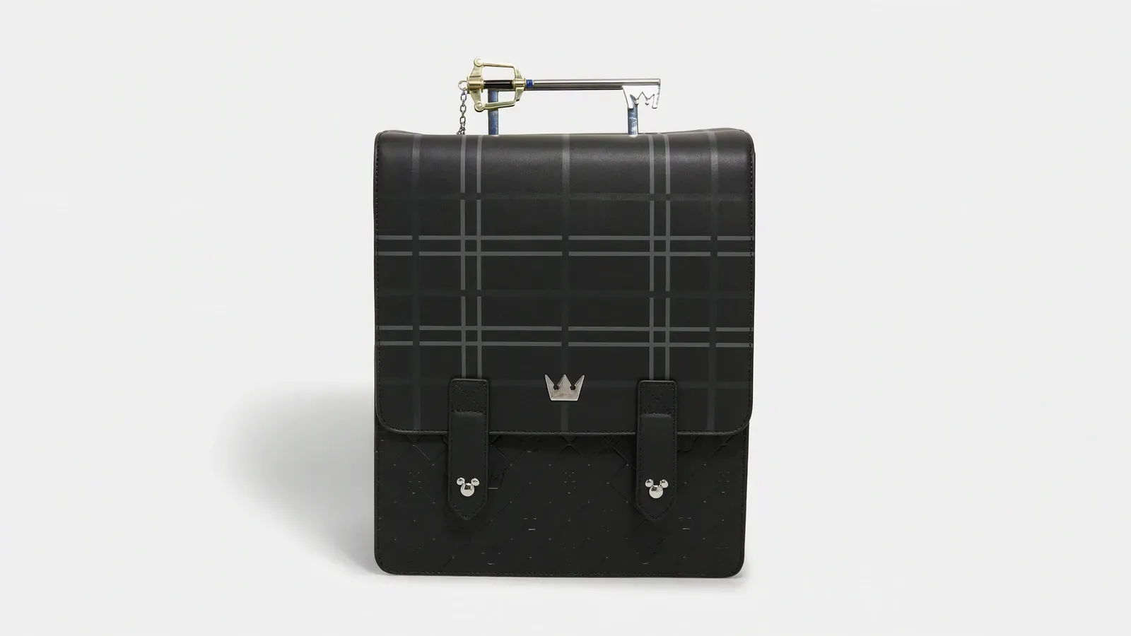 Loungefly Disney Kingdom Hearts plaid mini backpack with Keyblade top handle, Mickey-head strap studs and crown emblem