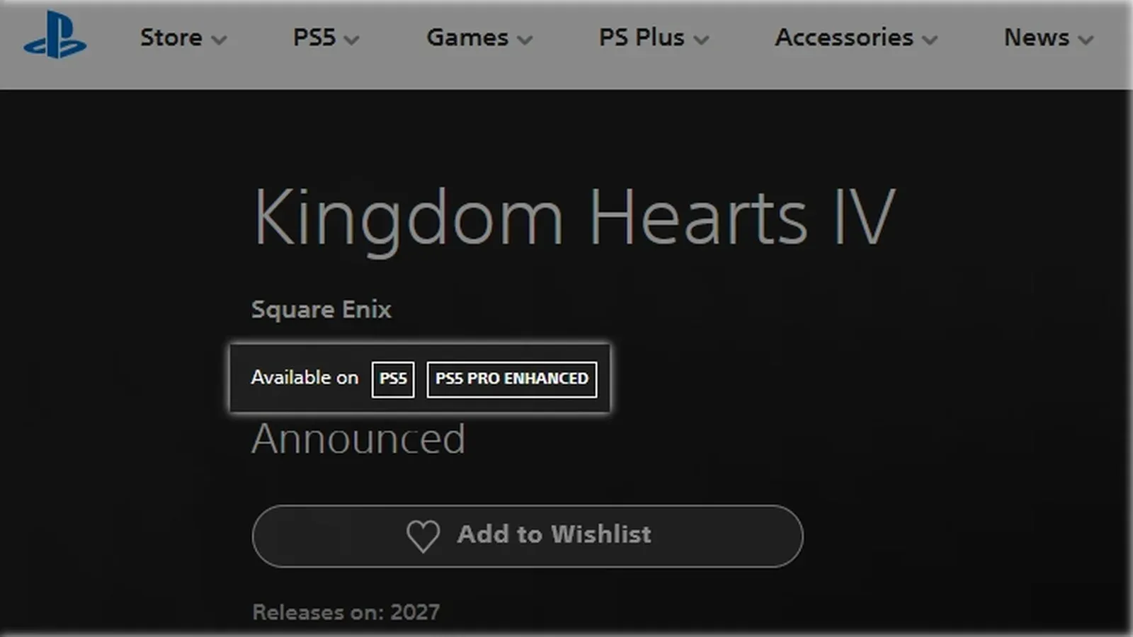 PlayStation Store listing for Kingdom Hearts IV showing Announced, Add to Wishlist and Releases on 2027