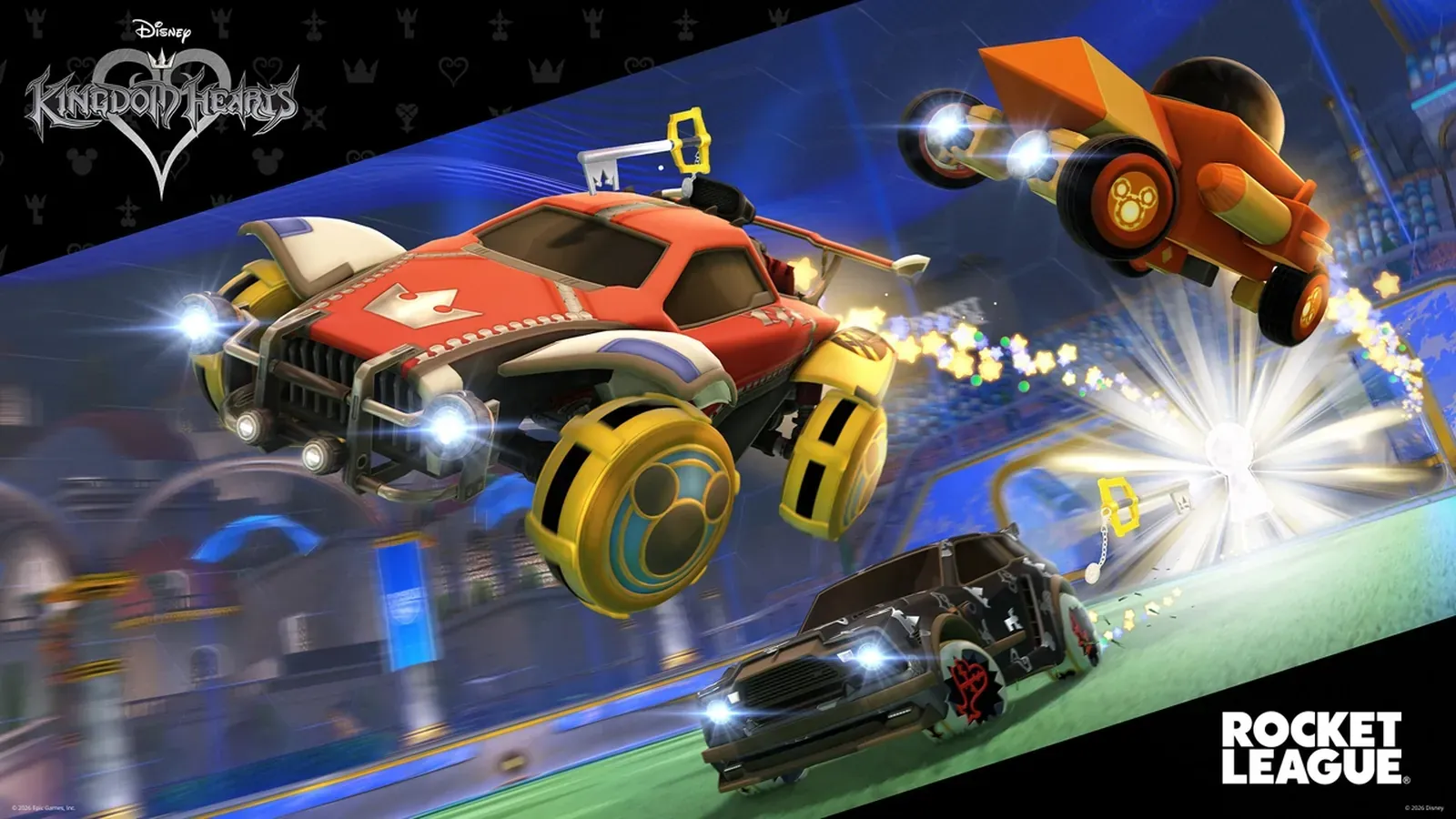 The Gummi Ship flying through a starry sky in official Rocket League Kingdom Hearts event art