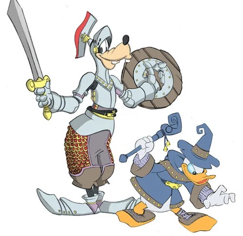 Costume design sheet — Goofy as a knight with plumed helmet, plate armour, sword and shield; Donald as a mage in tall blue wizard hat and robe