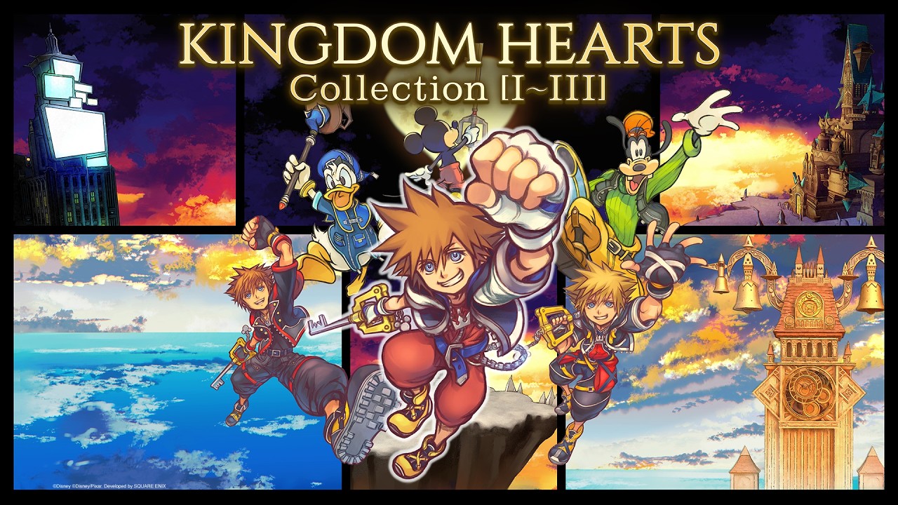 Kingdom Hearts Collection [I~III] key art: Sora, Donald, Goofy and Mickey before the castle at sunset